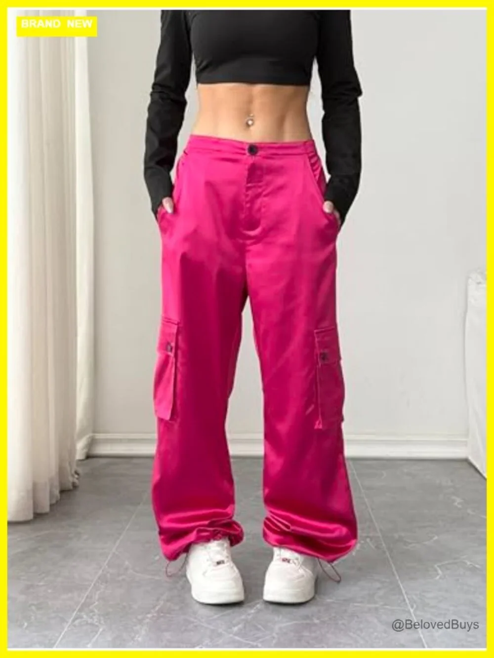 Women's Satin Cargo Pants Wide Leg High Waisted Multi Pockets Dressy Casual